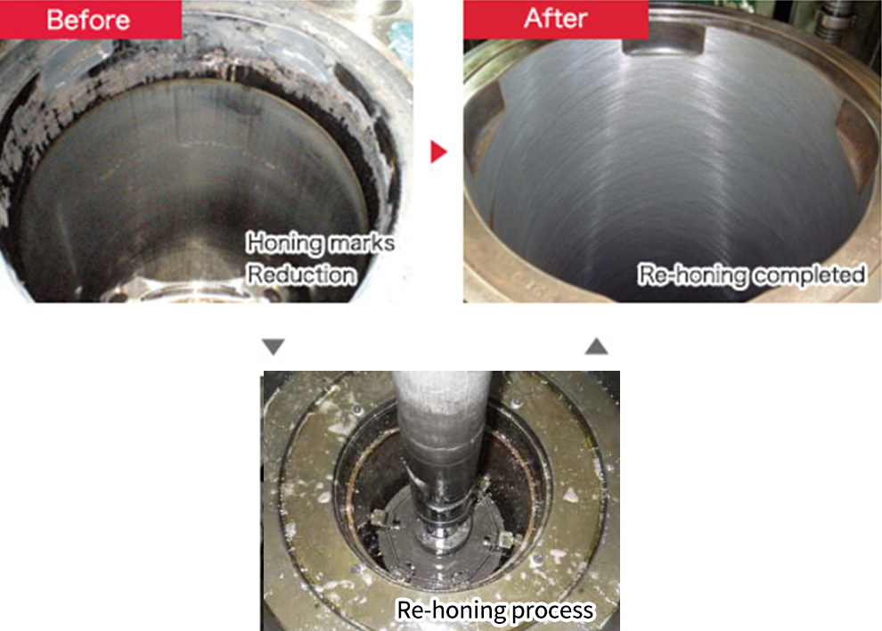 Before Honing marks Reduction Re-honing process After Re-honing completed
